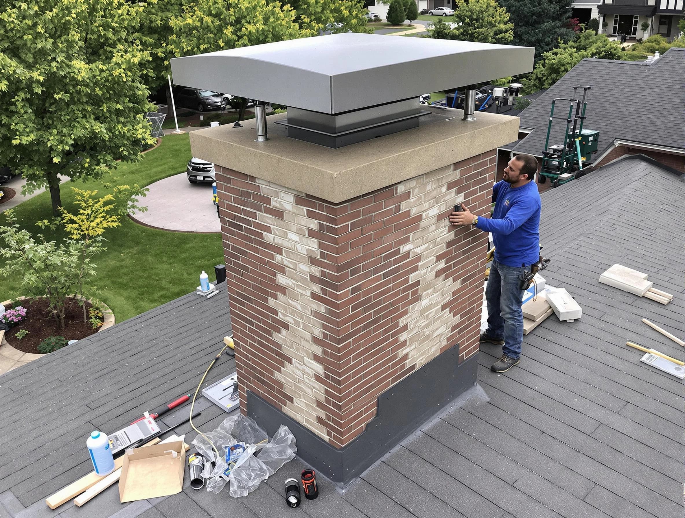 Bridgewater Chimney Sweep team working on a custom chimney remodel in Bridgewater, MA