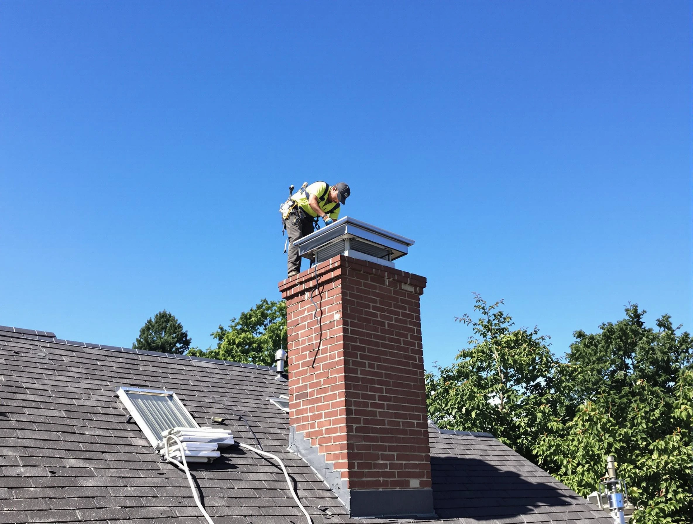 Bridgewater Chimney Sweep technician measuring a chimney cap in Bridgewater, MA